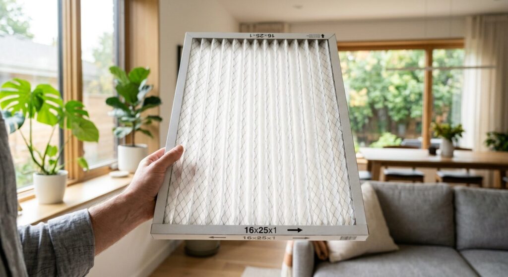 Rent hvidt luftfilter holdt op mod dagslys for at kontrollere tilstand og forurening
