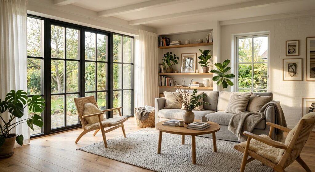 Stuerum med rigelig naturligt lys gennem store vinduer og minimalistisk indretning