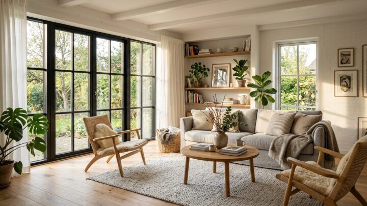 Stuerum med rigelig naturligt lys gennem store vinduer og minimalistisk indretning