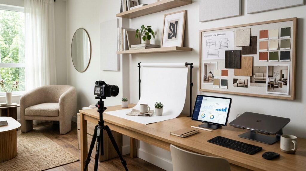Modern home office workspace with an organized desk showing