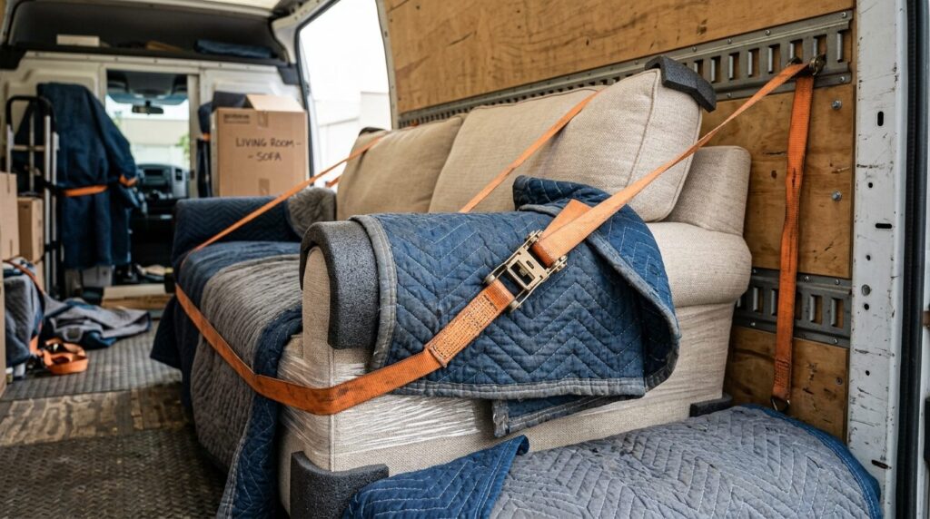 Close-up detail shot of protective moving blankets and strap
