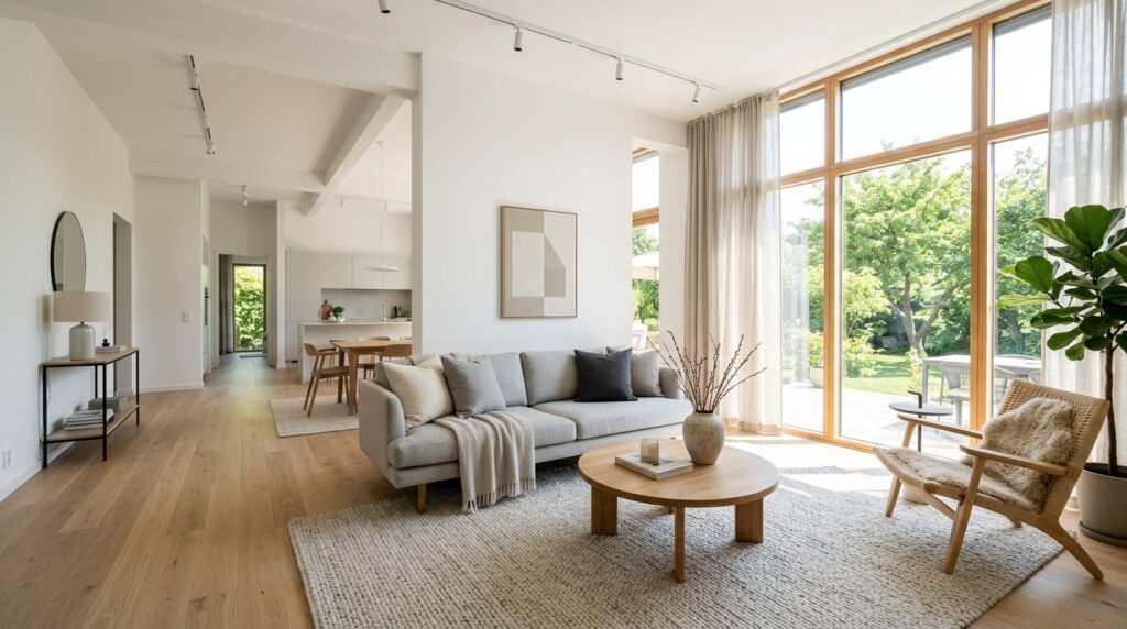 Wide angle interior shot of a spacious modern living room wi