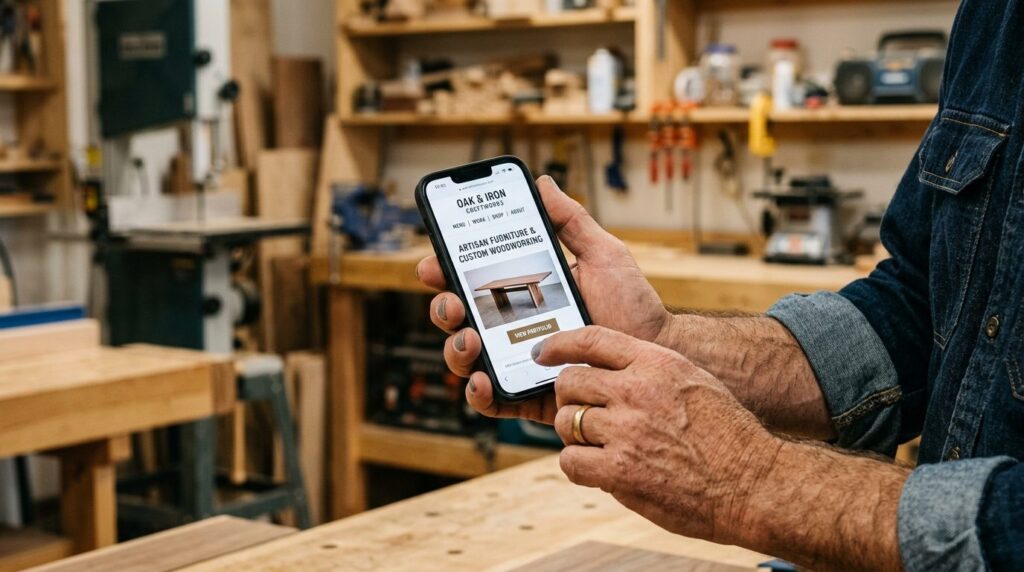 Close-up of a craftsmans hands holding a smartphone display
