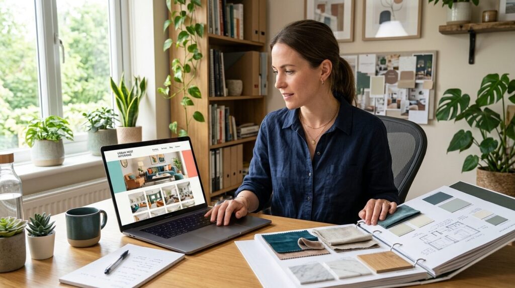 Interior designer woman working at desk with laptop and port