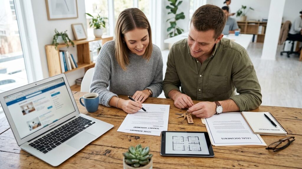 Close-up overhead shot of a young couple reviewing apartment