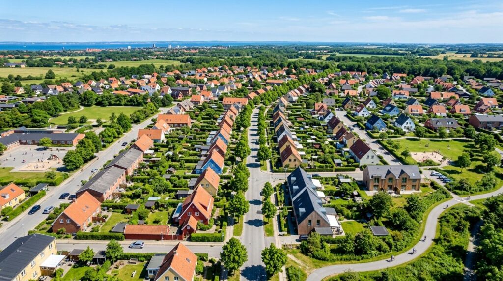 Aerial view of Danish suburban neighborhood with colorful re