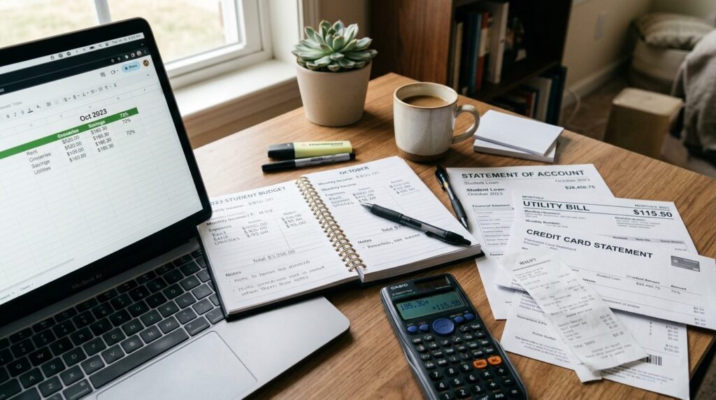 Close-up stock photo of a students desk setup with laptop, 