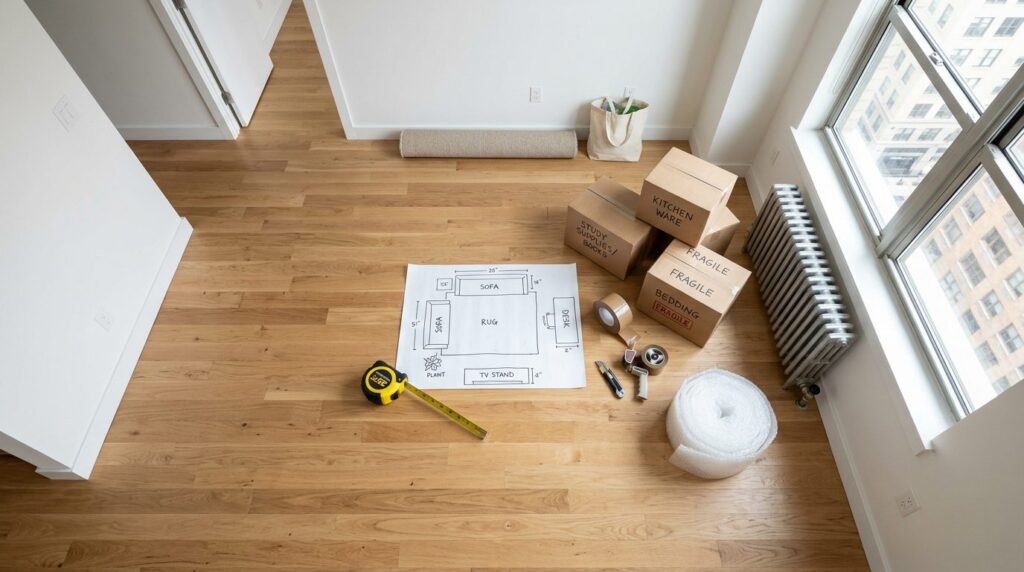 Overhead shot of an empty apartment room with furniture plac