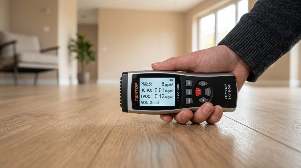 Close-up of a digital air quality testing meter being held a