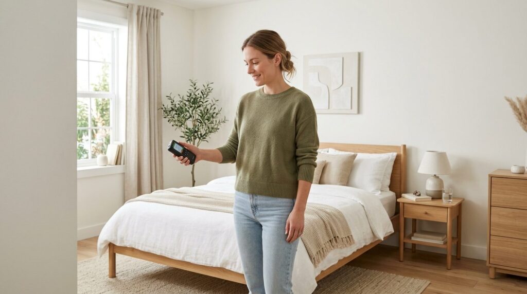 Woman in home interior holding a portable volatile organic c