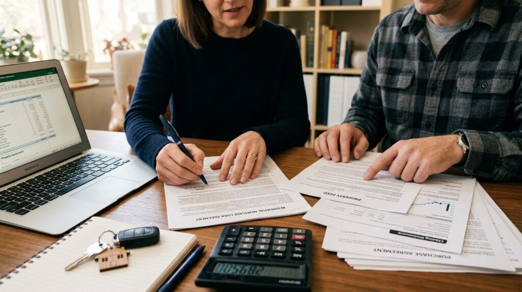 Close-up of hands reviewing property documents and mortgage 
