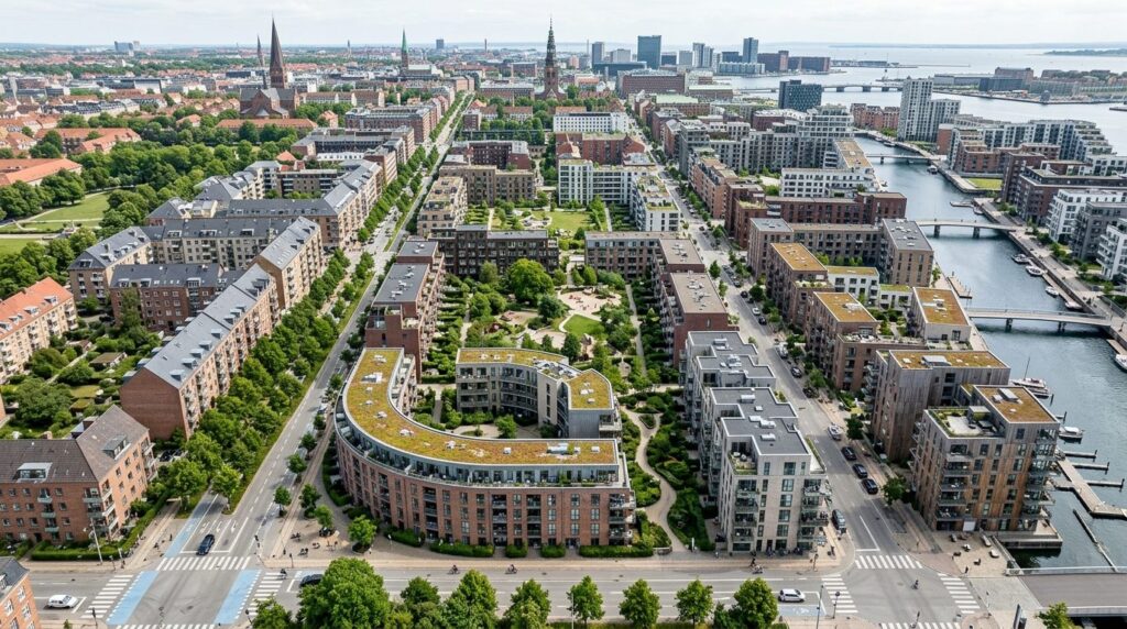Aerial view of Copenhagen residential neighborhood showing m