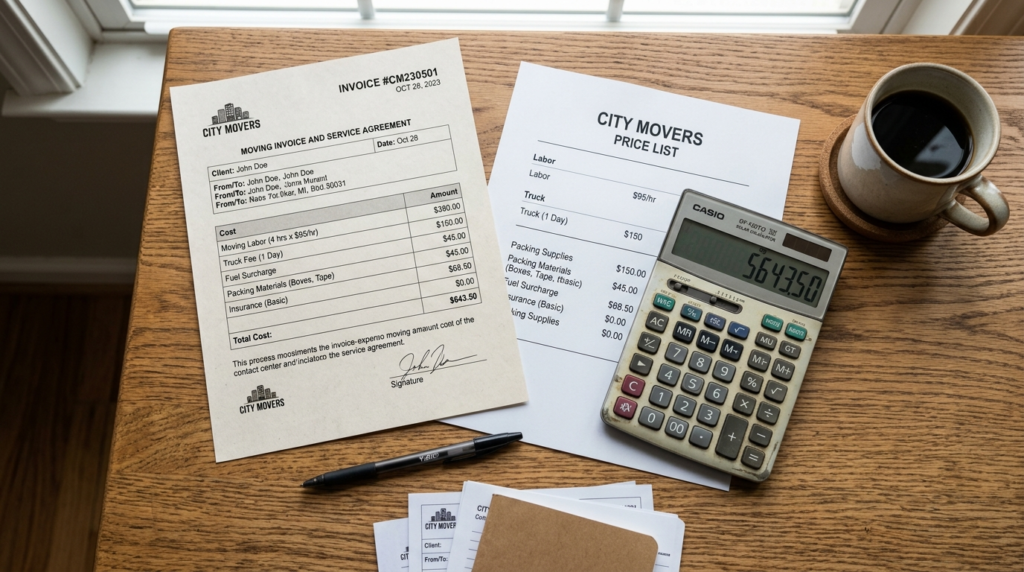 Close-up overhead shot of professional moving company invoic