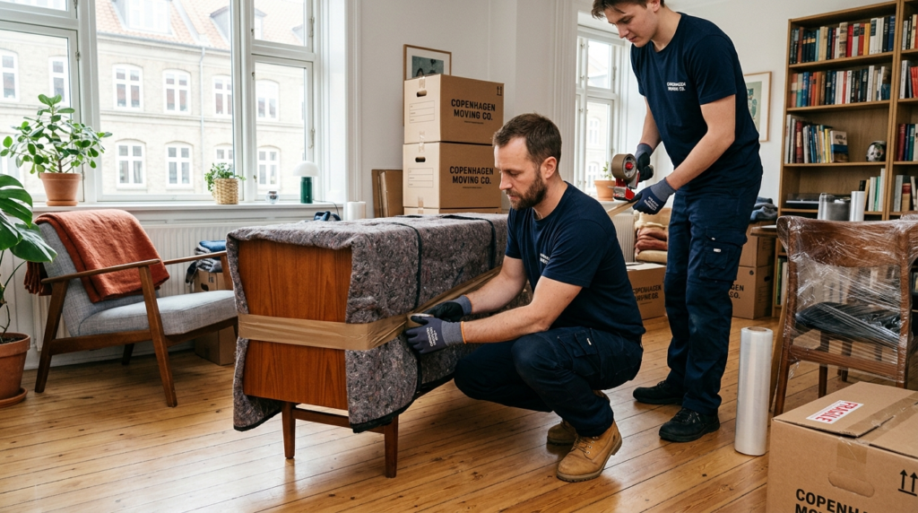 Interior photograph of professional movers carefully packing