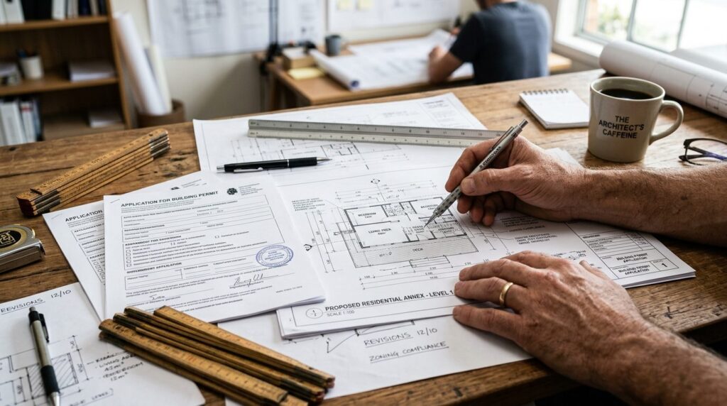 Close-up of architects hands reviewing building permit docu