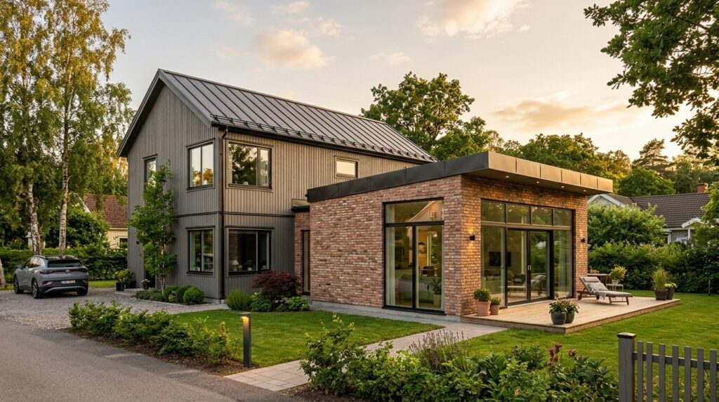 Exterior view of a Scandinavian-style single-family home wit