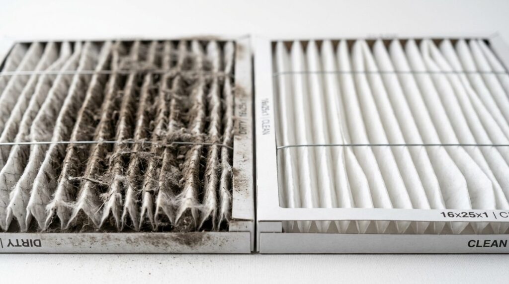 Close-up detail shot of a dirty ventilation filter next to a