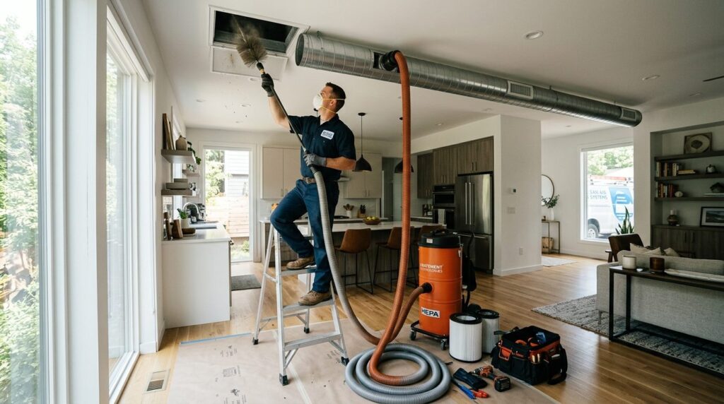 Wide shot of a professional HVAC technician using specialize