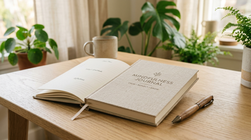 Close-up of a peaceful home workspace with a mindfulness jou