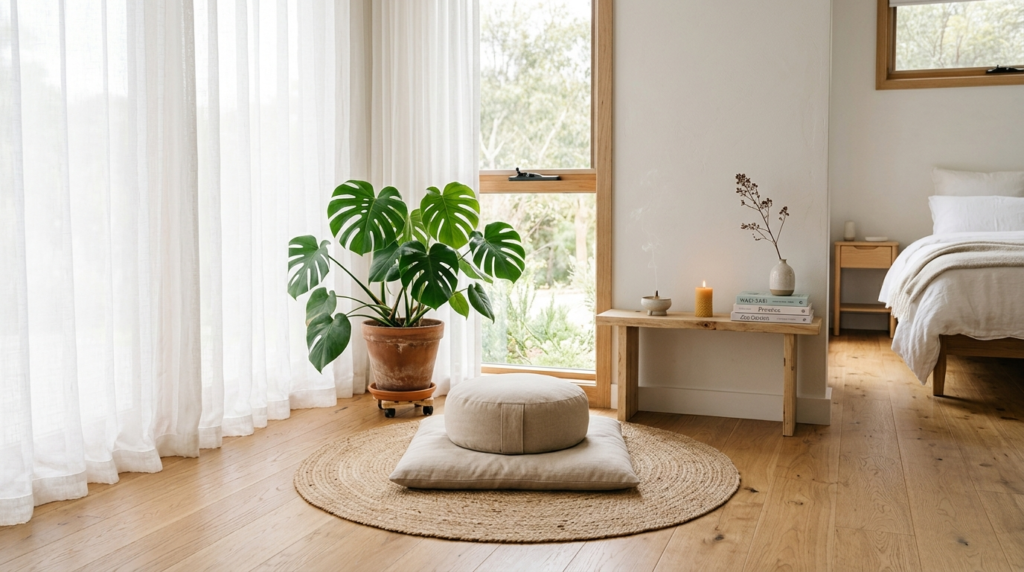 Bright airy bedroom corner with meditation cushion on natura
