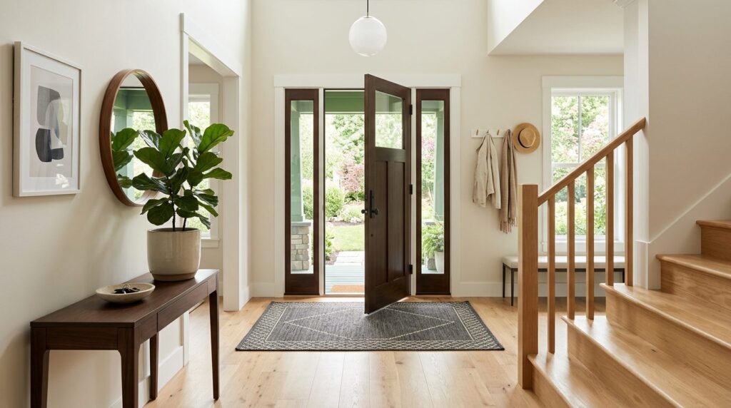 Wide-angle view of a bright, airy entryway featuring a well-