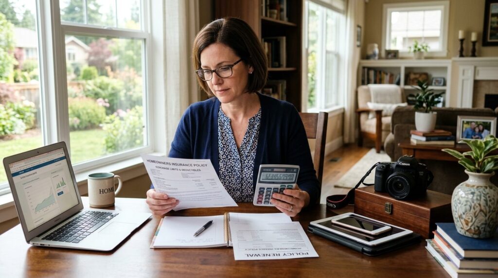 Photorealistic image of a homeowner reviewing documents at a