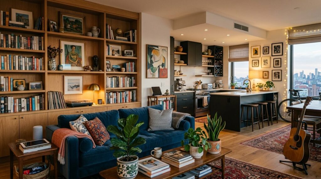 Photorealistic wide-angle view of a beautifully decorated ap
