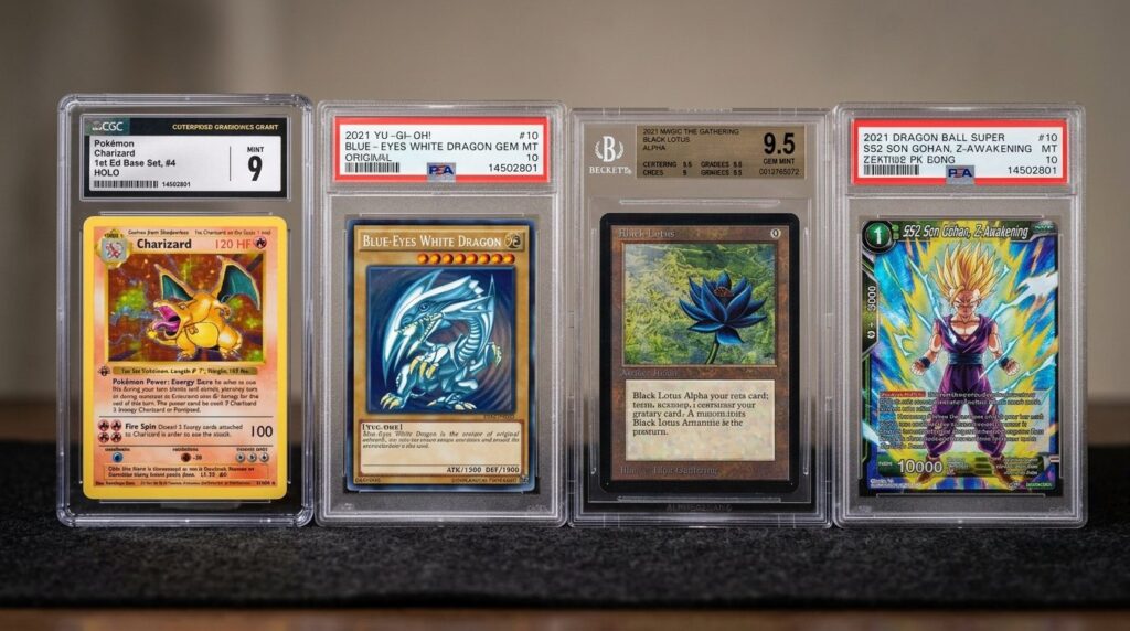 Close-up detailed shot of rare collectible trading cards in 