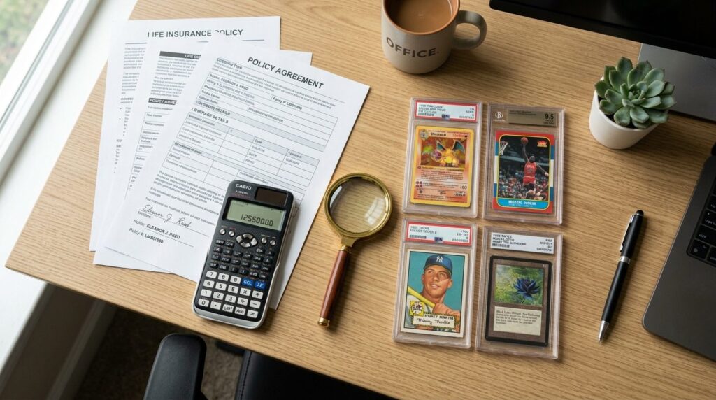 Flat lay composition of insurance policy documents, calculat