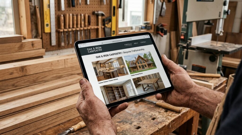 Close-up of hands holding a tablet displaying a responsive w