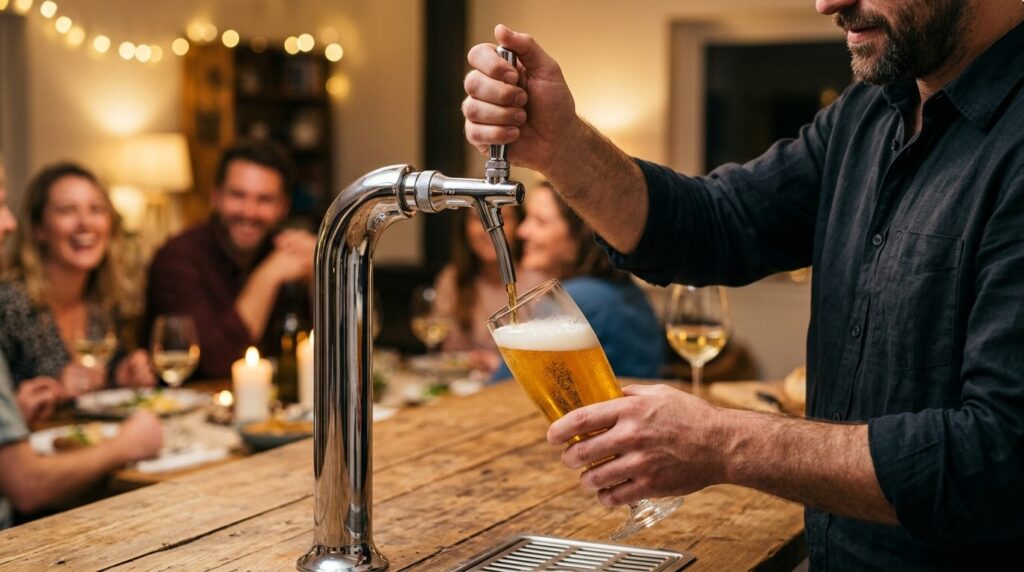 Close-up lifestyle photograph of a host pouring a perfectly-