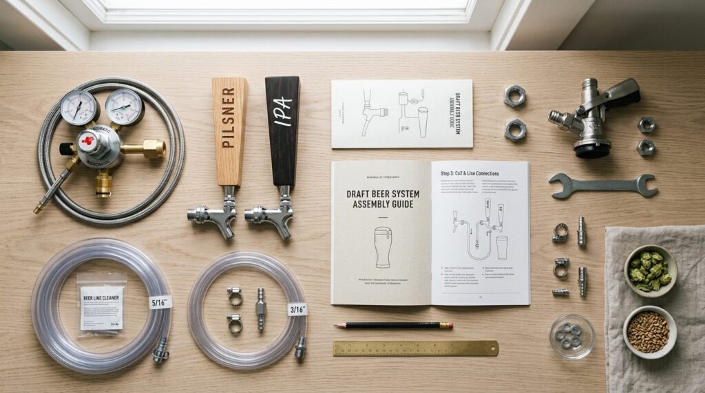Overhead flat-lay composition of different draft beer system
