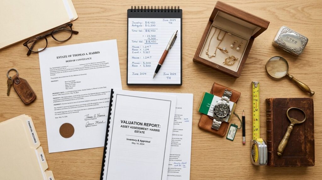 Photorealistic overhead flat lay of estate valuation documen