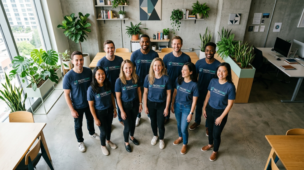 Flatlay overhead shot of a corporate team wearing matching b