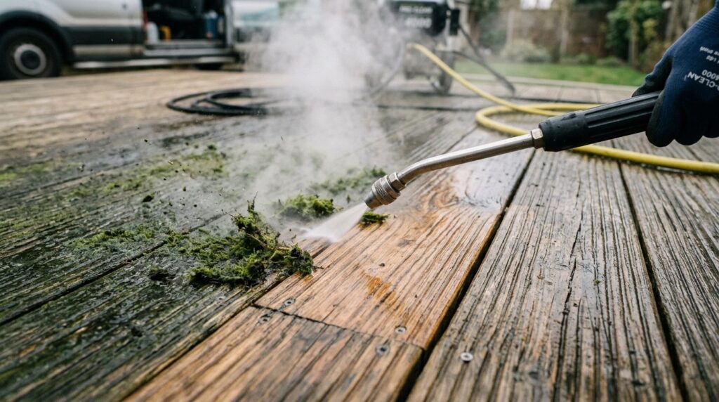 Close-up detail of hot water cleaning removing green moss an