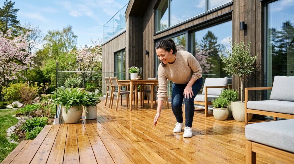 Satisfied homeowner inspecting their newly cleaned wooden te