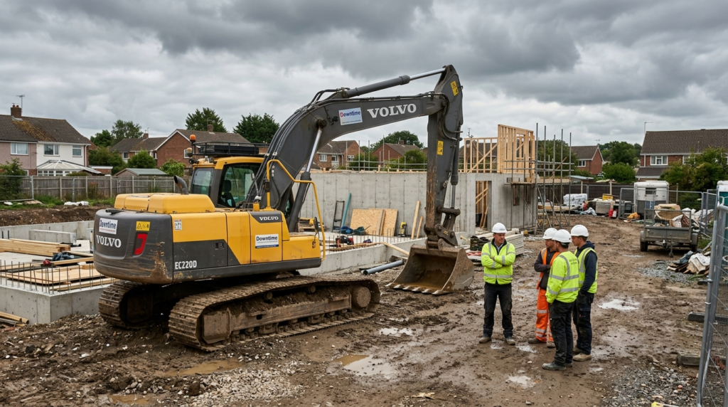 Photorealistic stock photo, 16:9 format: A construction site