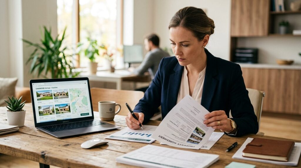 Close-up of a professional real estate agent reviewing prope
