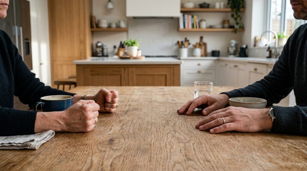 Close-up of two peoples hands on a wooden dining table, sit