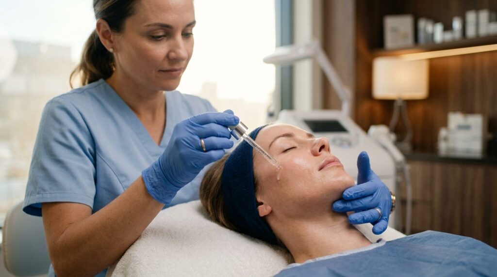 Close-up of a dermatologist applying professional skincare s