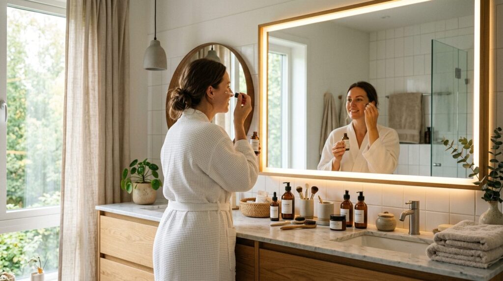 Modern home bathroom vanity setup showing a woman applying a