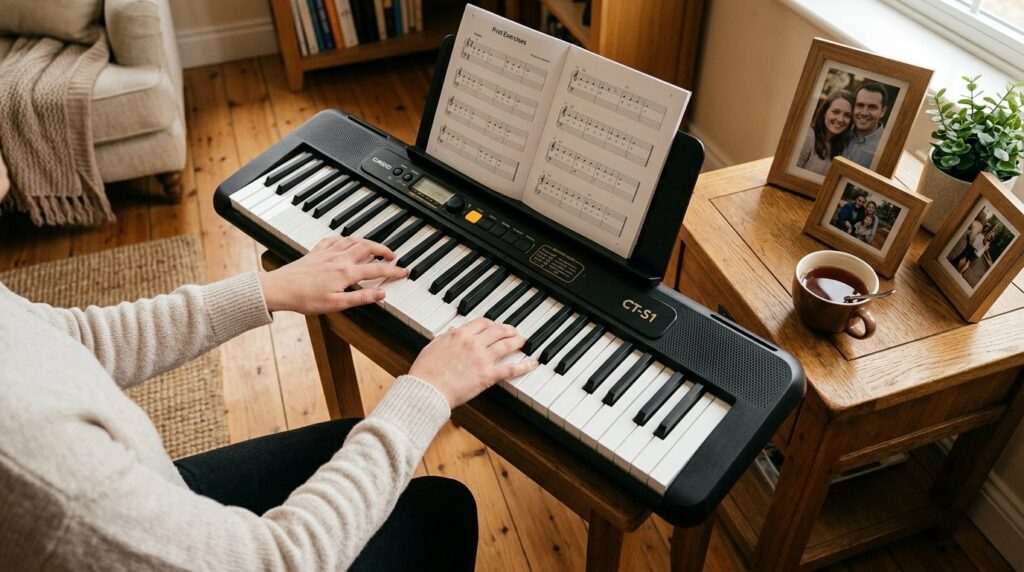 Close-up of a beginner pianists hands playing a compact key