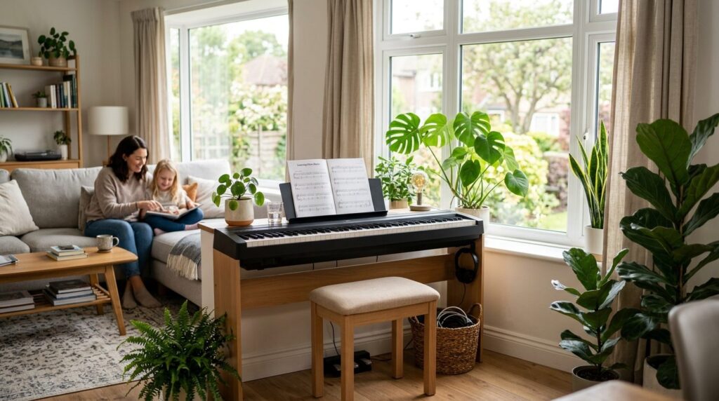 A bright, airy home corner featuring a portable keyboard pos