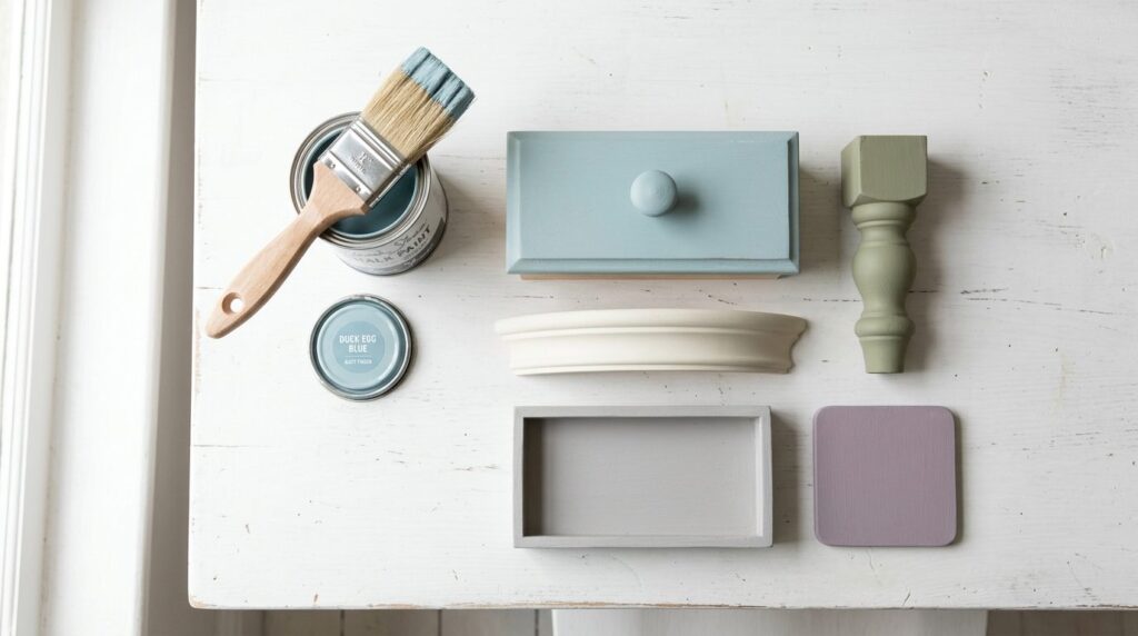 Flat lay overhead shot of chalk paint tin, natural bristle b