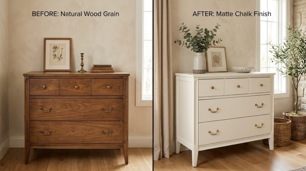 Before and after split-screen of vintage wooden dresser, lef
