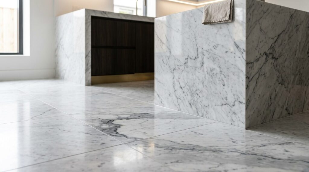 Close-up detail shot of premium marble tile flooring with gr