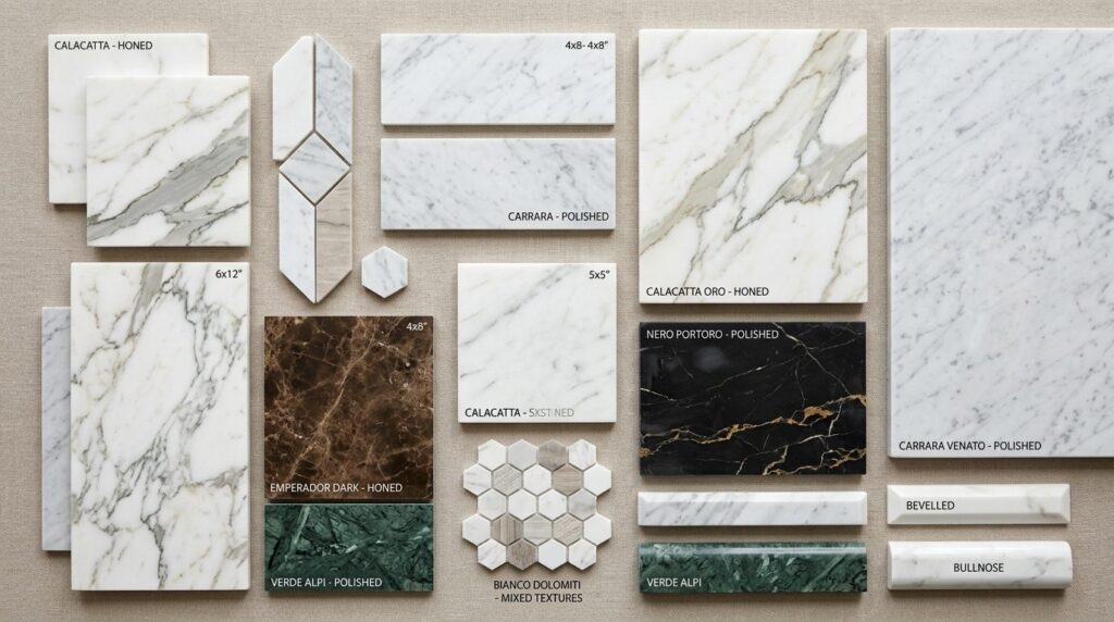 Overhead flat-lay composition of luxury marble tile samples
