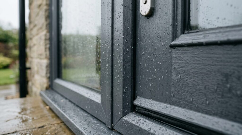 Close-up detail of a high-quality plastic facade door frame 