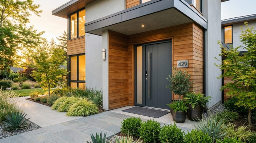 Contemporary residential entrance featuring a dark gray plas