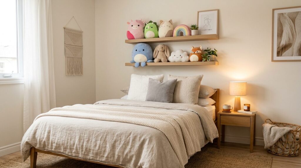 Cozy bedroom corner with aesthetic squishy plush collection